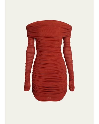 Saint Laurent Off-shoulder Ruched Mini Dress - Red