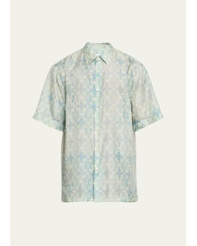 Dries Van Noten Super Lightweight Printed Silk Ponge Camp Shirt - Blue