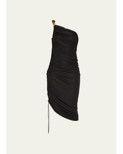 Bottega Veneta One-shoulder Asymmetric Midi Dress With Gold-tone Detail - Black