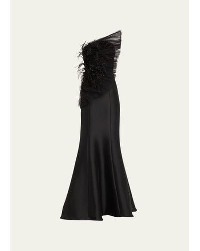 Badgley Mischka Strapless Feather Ruffle Mermaid Gown - Black