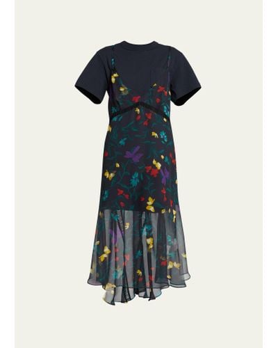Sacai T-shirt Layered Floral-print Slip Midi Dress - Blue