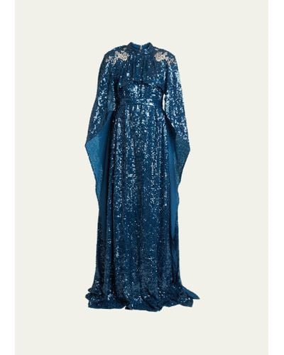 Erdem Sequined Belted Cape-effect Gown - Blue