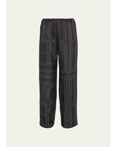 Totême Monogram-embroidered Silk Pajama Pants - Blue