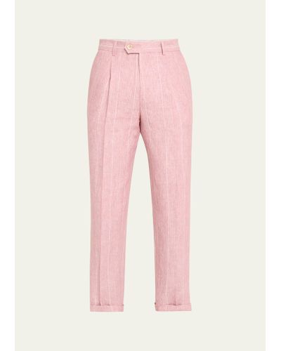 Brunello Cucinelli Linen Pinstripe Pleated Pants - Pink