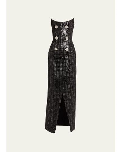 Balmain Sequined Strapless Dress With Jewel Double-breast Buttons - Black