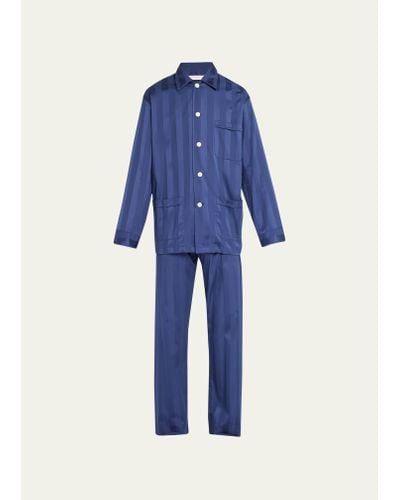 Derek Rose Lingfield Two-piece Long Pajama Set - Blue