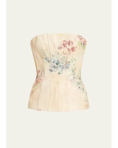 Ralph Lauren Collection Evia Faded Floral Denim Bustier Top - Natural