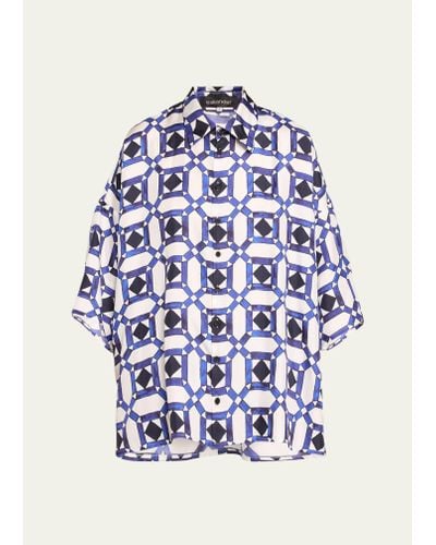 Eskandar Sloped Shoulder Wide A-line Printed Shirt - Blue