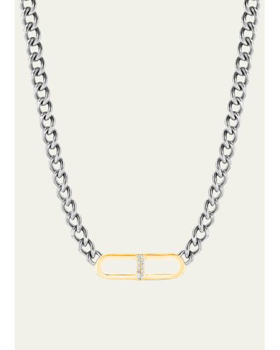Sheryl Lowe Sterling Silver Curb Chain With 14k Gold Diamond H Link - Natural