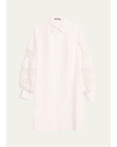 Lela Rose Lace-inset Blouson-sleeve Shirt Dress - Natural
