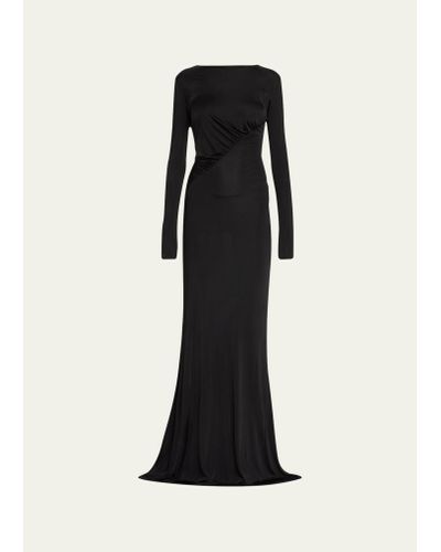 Saint Laurent Ruched Long-sleeve Jersey Gown - Black