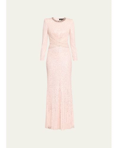Jenny Packham Macelline Sequined Crystal Crossover Long-sleeve Gown - Pink