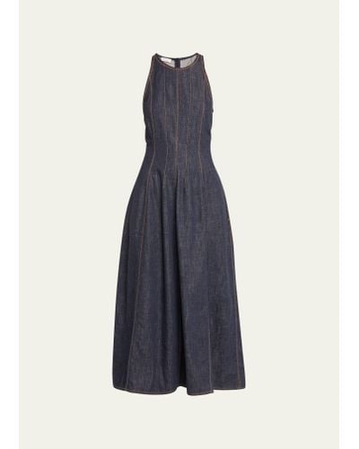 Brunello Cucinelli Glossy Denim Structured Midi Dress With Contrast Stitching - Blue