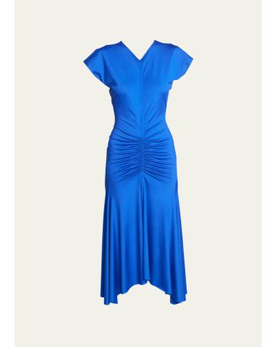 Victoria Beckham V-neck Ruched Asymmetric Jersey Midi Dress - Blue