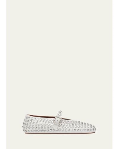 Alaïa Leather Mary Jane Flats With Allover Studs - Natural