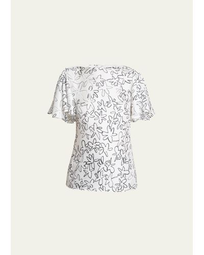 Chloé Doodle Floral Flutter-sleeve Silk Top - White