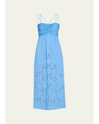 Kobi Halperin Ariella Pleated Floral-embroidered Midi Dress - Blue