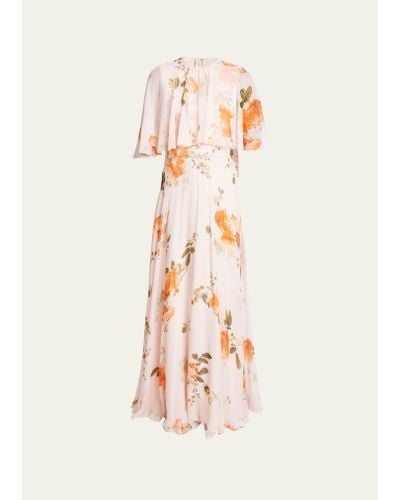 Erdem Floral Floor-length Gown With Cape Overlay - Pink