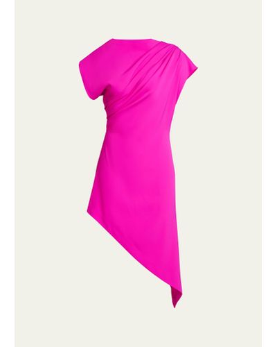 Halston Perri Pleated Asymmetric Crepe Cady Midi Dress - Pink