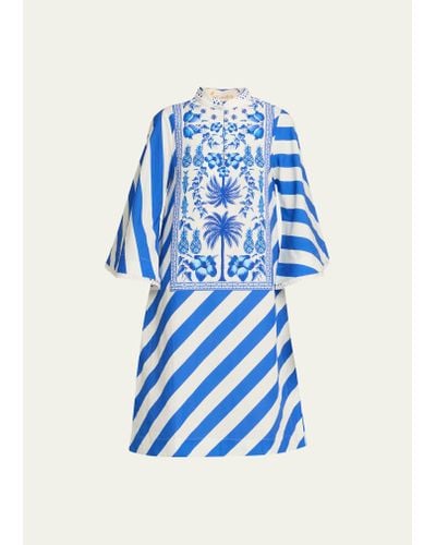 VERANDAH Striped Azulejos Kaftan Dress - Blue