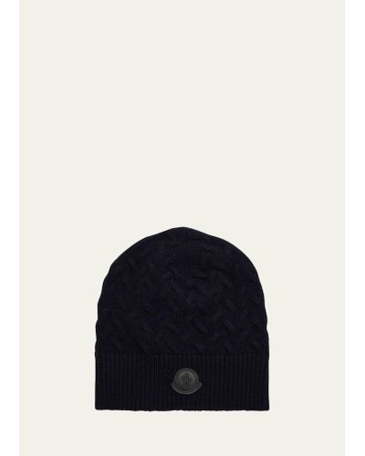 Moncler Cable-knit Beanie With Leather Patch - Blue