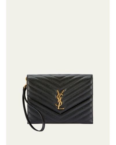 Saint Laurent Ysl Monogram Flap Clutch Bag In Grained Leather - Black