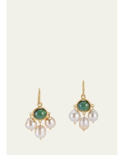 Prounis Jewelry 22k Yellow Gold Green Tourmaline And South Sea Pearl Unda Earrings - Natural