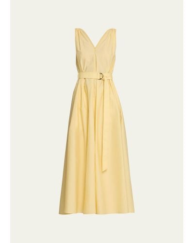 Brunello Cucinelli Crinkle Cotton Belted Maxi Dress With Monili Detail - Yellow