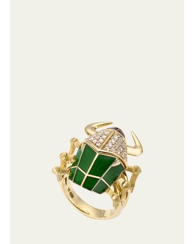 Stephen Webster 18k Yellow Gold Toro Beetle Diamond And Red Garnet Ring With Green Enamel
