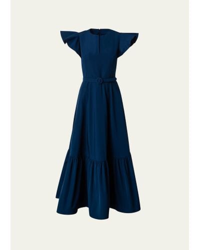 Akris Punto Cap-sleeve Belted Tiered-hem Taffeta Midi Dress - Blue