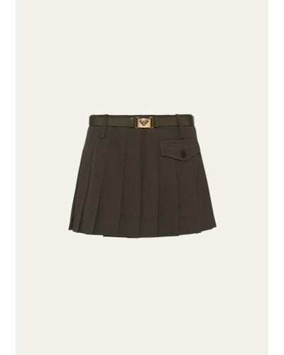 Prada Pleated Gabardine Leather Belted Mini Skirt - Natural