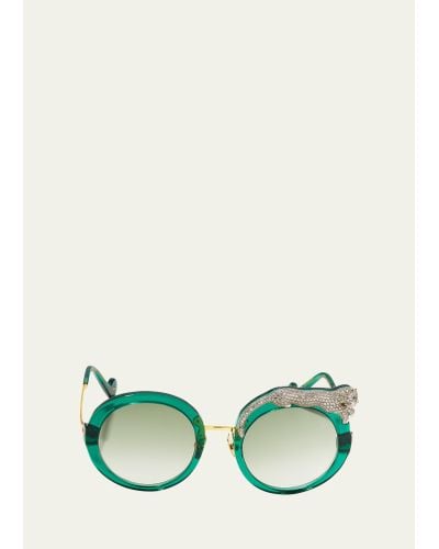 Anna Karin Karlsson Rose Et La Roue Round Crystal-embellished Leopard Sunglasses - Green