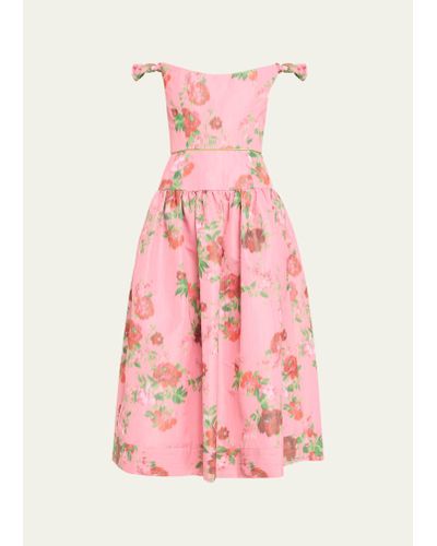Markarian Giorgia Floral Ikat Drop Waist Off-shoulder Midi Dress - Pink