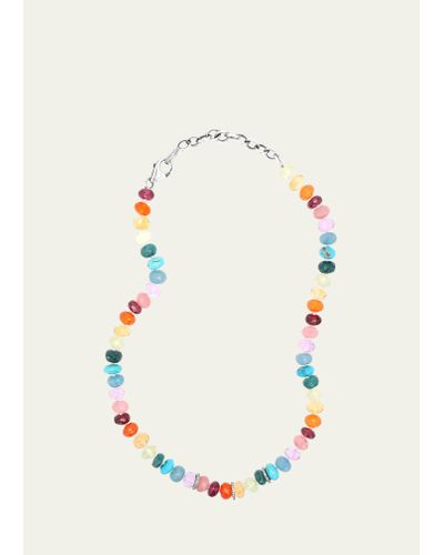 Sheryl Lowe Rainbow Gemstone Short Knotted Necklace With Pave Diamond Rondelles - Metallic