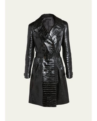 Tom Ford Croco Embossed Belted Leather Trench Coat - Black