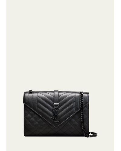 Saint Laurent Envelope Triquilt Medium Ysl Shoulder Bag In Grained Leather - Black