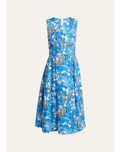 Marni Floral Print Poplin Midi Dress - Blue