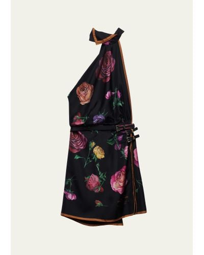 Prada Silk Twill Floral-print Backless Halter Mini Dress - Black