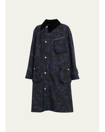 Burberry Rose-print Waxed Cotton Oversized Car Coat - Blue