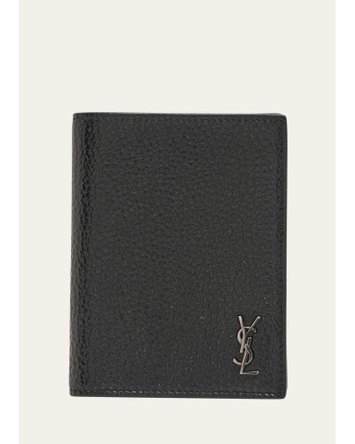 Saint Laurent Ysl Pebbled Leather Vertical Bifold Card Case - Black