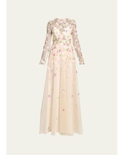 Elie Saab Long Floral Applique Tulle Dress - Natural