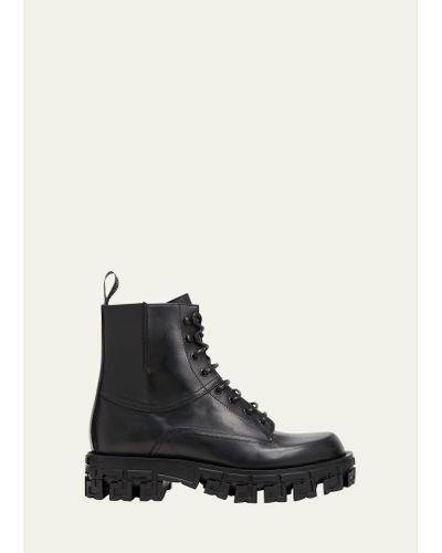 Versace Greca-sole Leather Combat Boots - Black