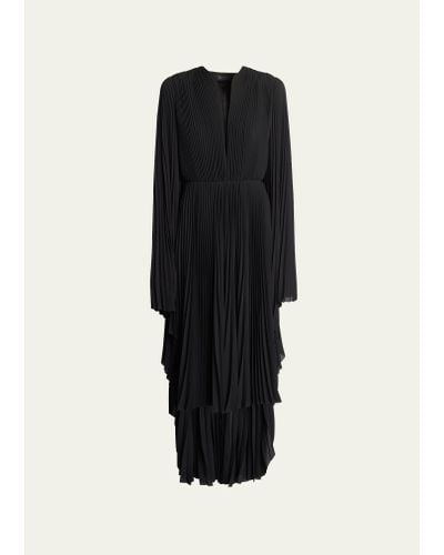 Balenciaga Plunge Pleated Midi Dress With Cape Back - Black