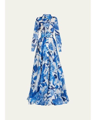 Naeem Khan Floral-print Belted Trench Gown - Blue