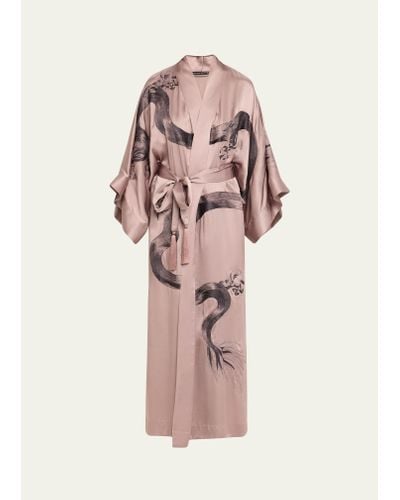 Natori Dragon-embroidered Silk Kimono Robe - Pink
