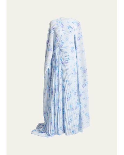 Balenciaga Floral-print Circle Pleated Dress - Blue
