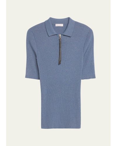 Brunello Cucinelli Ribbed Cashmere-blend Polo Top With Monili Pull - Blue