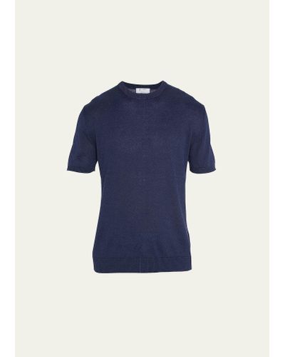 Bergdorf Goodman Knit Crewneck Linen-cotton Sweater Shirt - Blue