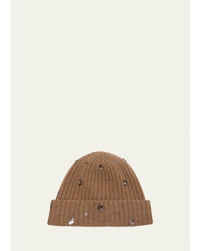 Portolano Sequin Floral Ribbed Cashmere Beanie - Brown