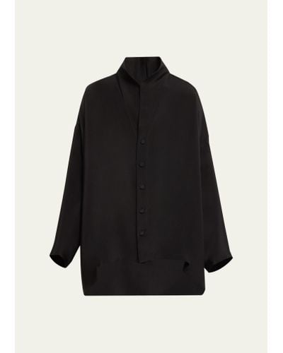 Eskandar Wide A-line Shirt With Open Standup Collar (mid Plus Length) - Black